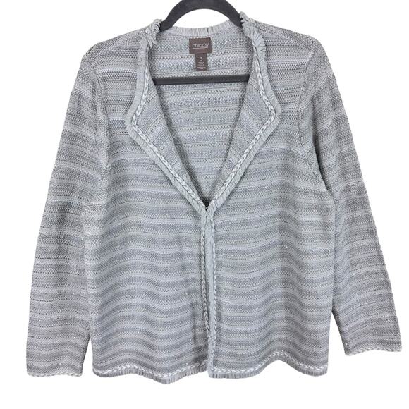 Chico's Cream Striped Shimmery Fringe Cotton Blend Boucle Cardigan Size XL - Picture 1 of 7